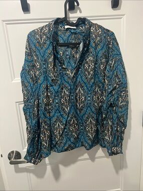 Sandro Teal Paisley V-Neck Long Sleeve Blouse